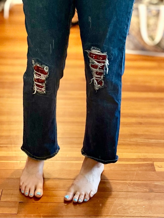 C Est. 1946 Denim - Distressed Dark Blue Jeans with Red Paisley Patches by C Est. 1946, Stretchy